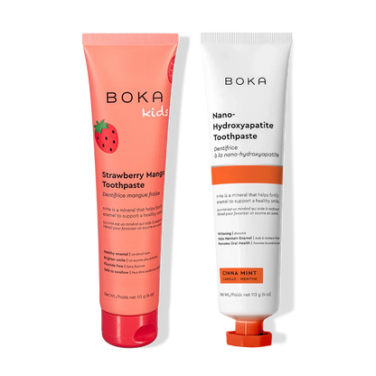 N-Ha Toothpaste 2-Pack: kids’ strawberry mango & cinnamint, with nano-hydroxyapatite for enamel.