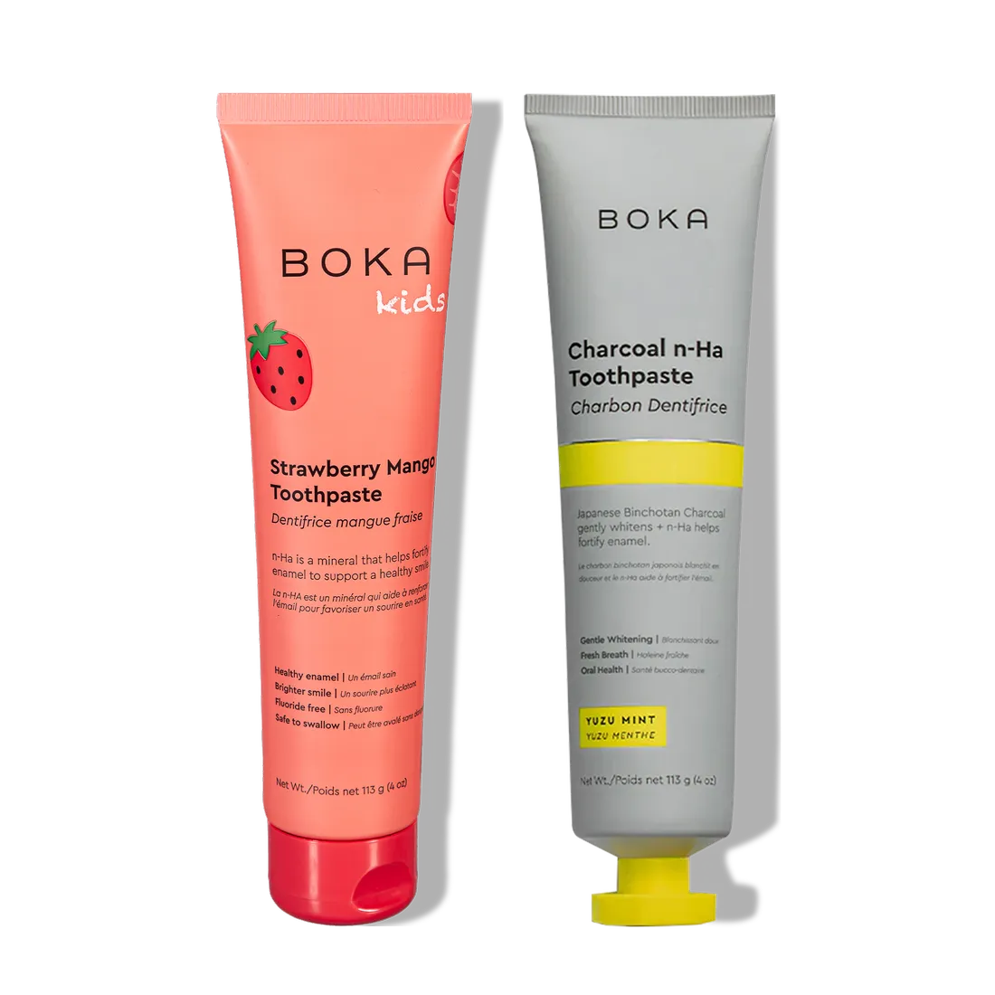 The n-Ha Toothpaste 2-Pack—pink for kids, gray for adults—fortifies and remineralizes teeth.
