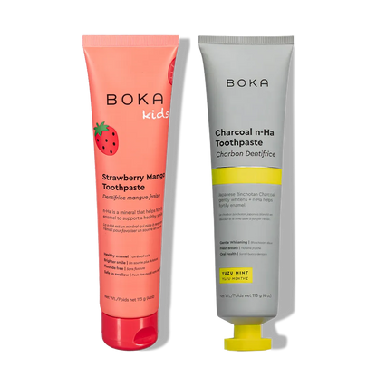The n-Ha Toothpaste 2-Pack—pink for kids, gray for adults—fortifies and remineralizes teeth.