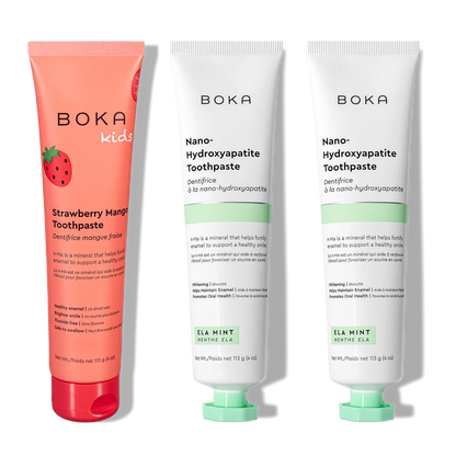 N-Ha Toothpaste Family 3 Pack: kid-friendly flavors and nano-hydroxyapatite for healthy brushing.