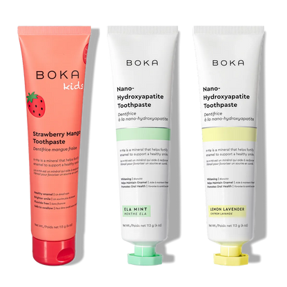 N-Ha Toothpaste Family 3 Pack: kid-approved flavors and nano-hydroxyapatite for healthy brushing.