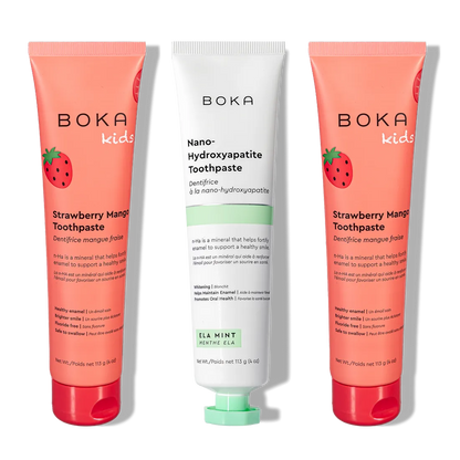 Three tubes of n-Ha Toothpaste Family 3 Pack, perfect for kids and healthy brushing habits.