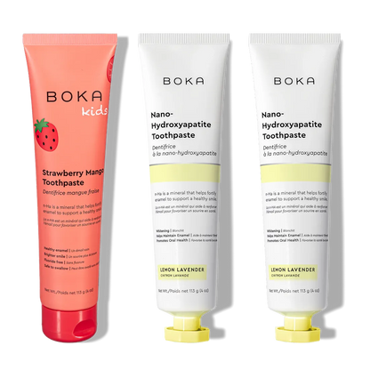 N-Ha Toothpaste Family 3 Pack with nano-hydroxyapatite in kid-approved flavors for oral care.