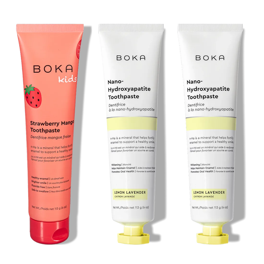 N-Ha Toothpaste Family 3 Pack with nano-hydroxyapatite in kid-approved flavors for oral care.