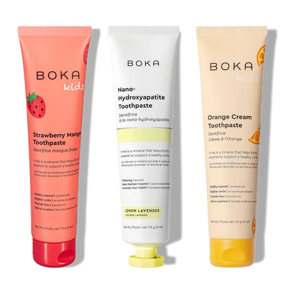 The n-Ha Toothpaste Family 3 Pack comes in kid-approved Strawberry Mango, Lemon Lavender, and Orange Cream.