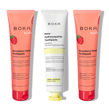 N-Ha Toothpaste Family 3 Pack: three tubes with nano-hydroxyapatite in kid-approved flavors.