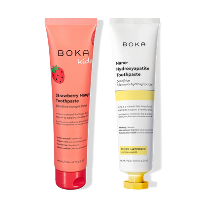 N-Ha Toothpaste 2-Pack: kids’ strawberry mango and adult lemon lavender to fortify enamel.