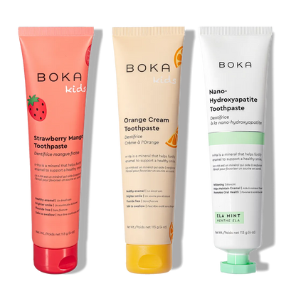 N-Ha Toothpaste Family 3 Pack: kid-friendly flavors and nano-hydroxyapatite for gentle oral care.