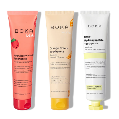 N-Ha Toothpaste Family 3 Pack: three kid-approved flavors with nano-hydroxyapatite for gentle care.
