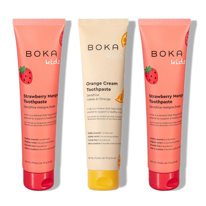 Three n-Ha Toothpaste Family 3 Pack tubes in kid-approved flavors, standing upright.