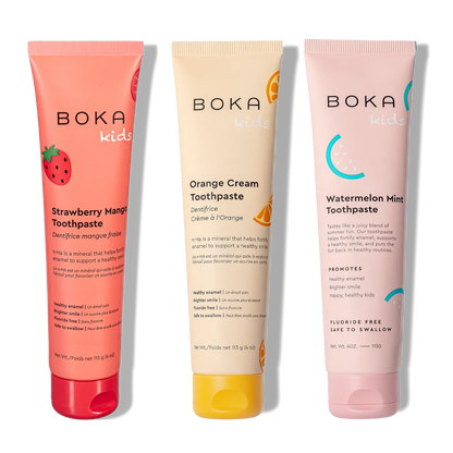 N-Ha Toothpaste Family 3 Pack: three colorful tubes with kid-approved flavors and nano-hydroxyapatite.
