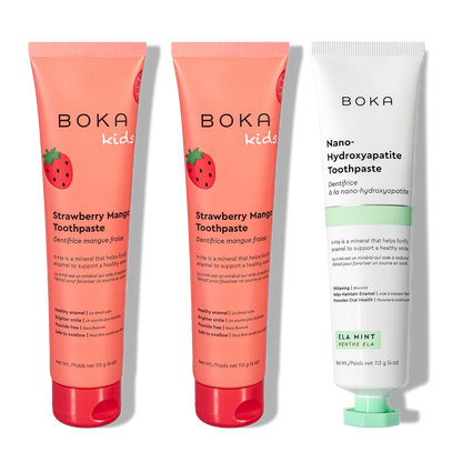 The n-Ha Toothpaste Family 3 Pack: 2 kid flavors + 1 adult mint, all with nano-hydroxyapatite.