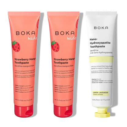 Family 3 Pack: two Strawberry Mango and one Lemon Lavender nano-hydroxyapatite toothpastes.
