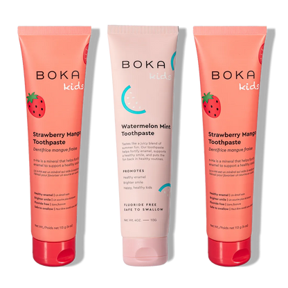 Three tubes of n-Ha Toothpaste Family 3 Pack with kid-friendly flavors for healthy brushing habits.