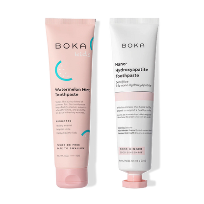 N-Ha Toothpaste 2-Pack: Watermelon Mint for kids, Coco Ginger with enamel-strengthening nano-hydroxyapatite.