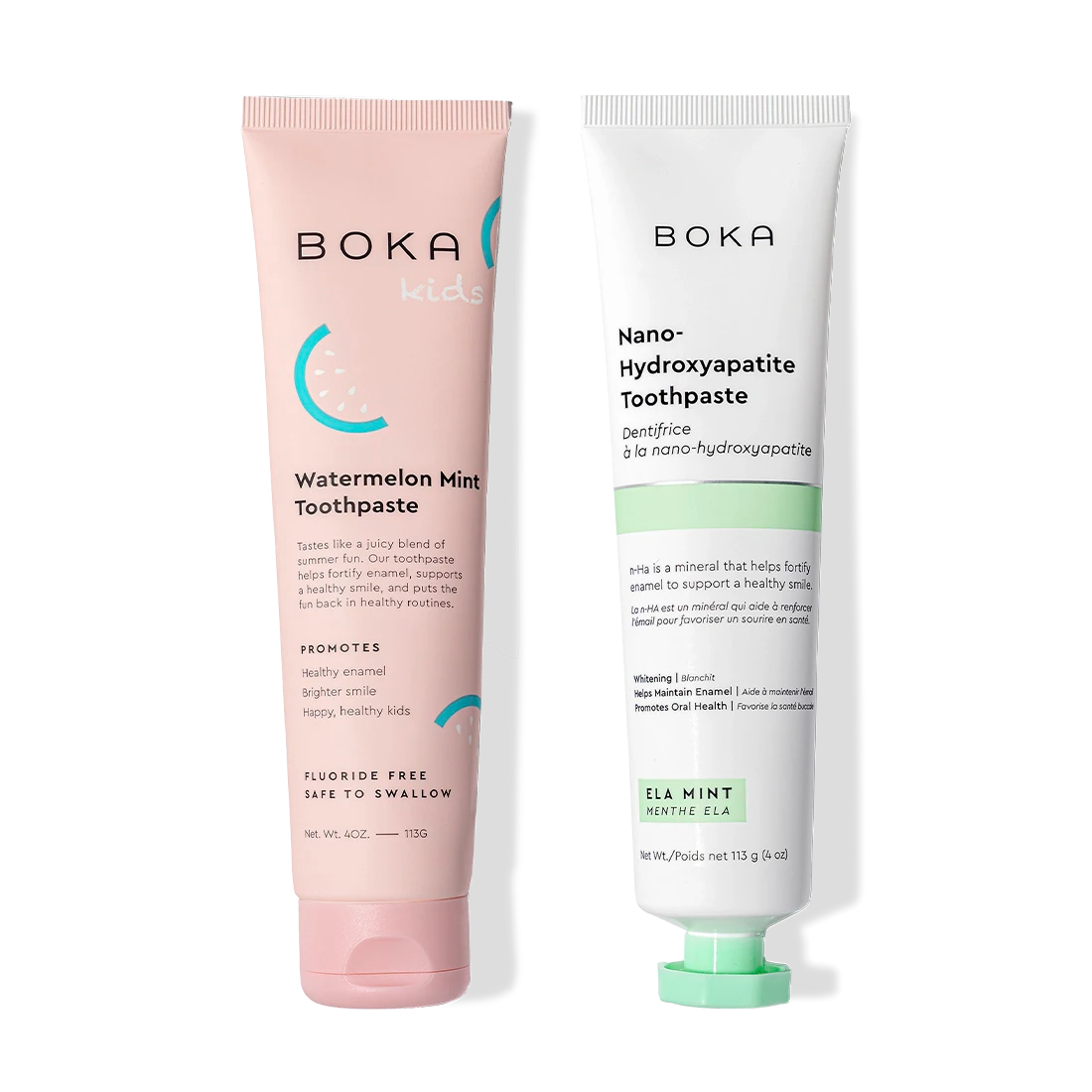 N-Ha Toothpaste 2-Pack: kids watermelon mint & ela mint with nano-hydroxyapatite for enamel care.