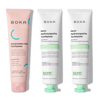 N-Ha Toothpaste Family 3 Pack: kid-approved flavors & nano-hydroxyapatite for healthy brushing.