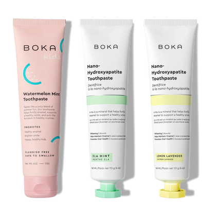 Three n-Ha Toothpaste Family 3 Pack tubes stand upright, promoting healthy brushing for kids.