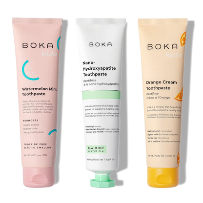 N-Ha Toothpaste Family 3 Pack: kid-friendly flavors and nano-hydroxyapatite for healthy brushing.