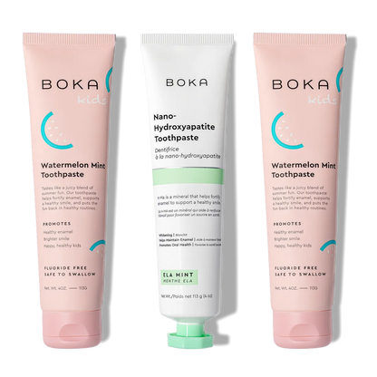 N-Ha Toothpaste Family 3 Pack: nano-hydroxyapatite oral care in kid-approved flavors.