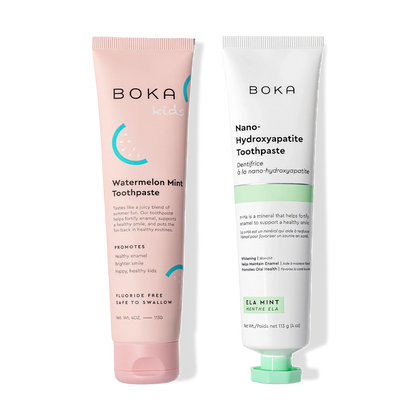 N-Ha Toothpaste 2-Pack: kids watermelon mint & ela mint with nano-hydroxyapatite for enamel care.