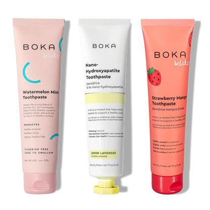 Three colorful tubes of n-Ha Toothpaste Family 3 Pack with kid-approved flavors for healthy smiles.
