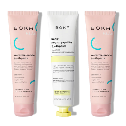 N-Ha Toothpaste Family 3 Pack: kid-approved nano-hydroxyapatite tubes for healthy brushing habits.