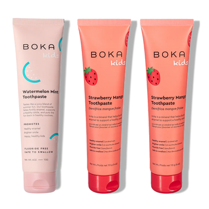 Three upright tubes of n-Ha Toothpaste Family 3 Pack in Watermelon Mint and Strawberry Mango flavors.