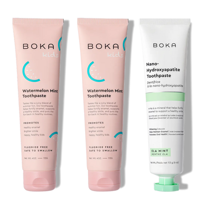 N-Ha Toothpaste Family 3 Pack: two Watermelon Mint Kids and one Ela Mint nano-hydroxyapatite toothpaste.