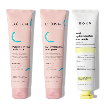 N-Ha Toothpaste Family 3 Pack: three tubes with nano-hydroxyapatite and kid-approved flavors.